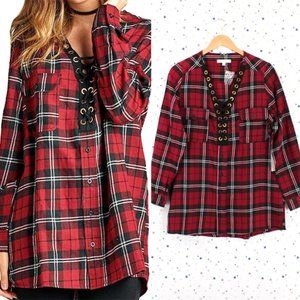Burgundy Black Lace Up Front Plaid Top